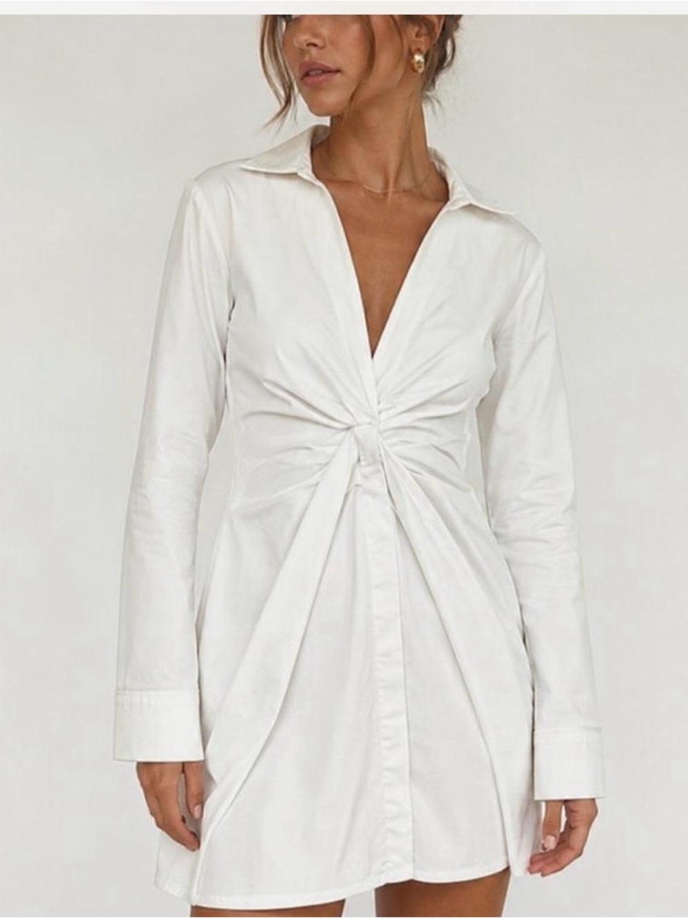 Zara Poplin Shirt Dress Mini White Knot Size XS Long Sleeve Bridal Shower Photos